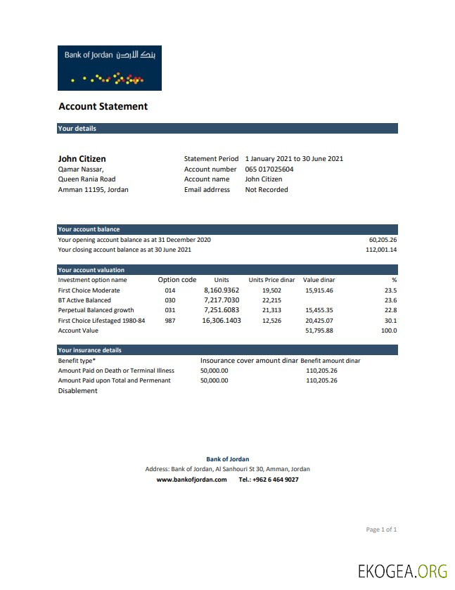 Relevé bancaire de la Jordan Bank of Jordan, modèle facile à remplir au format de fichier .xls et .pdf